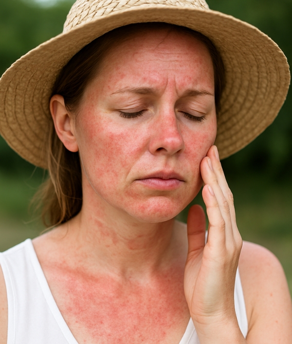 © ChatGPT Das Bild zeigt eine Frau mit Sonnenallergie. Sie fasst sich mit der Hand in ihr Gesicht und trägt einen Strohhut. Das Bild wurde von ChatGPT generiert.